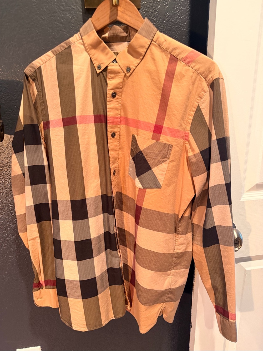 Burberry Men's Button-Down Plaid Shirt in Tan
